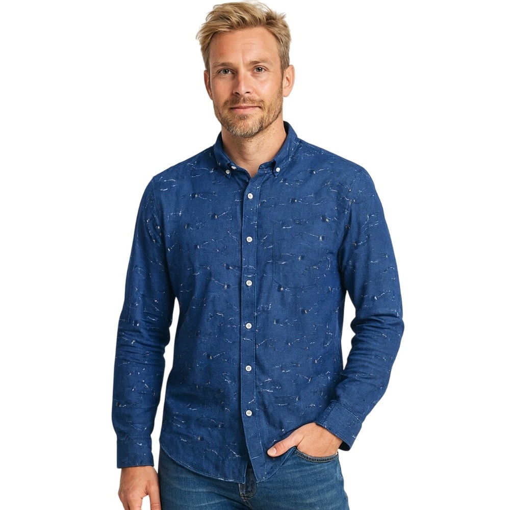 Cremieux Collection L Blue Fish Print 100% Linen Long Sleeve Button Down‎ Shirt